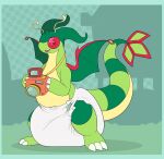 3_fingers 3_toes ambiguous_gender antennae_(anatomy) anthro arms_bent border bubblepuppers camera claws clean_diaper clothed clothing cute_fangs diaper diaper_only dotted_background dragonite fan_character fangs feet fingers flygon full-length_portrait generation_1_pokemon generation_3_pokemon green_body green_border green_tail green_wings hi_res holding_camera holding_object horn hybrid hybrid_pokemon looking_at_viewer male_(lore) multicolored_body multicolored_tail nintendo one_eye_obstructed open_mouth open_smile outside pattern_background pokemon pokemon_(species) portrait simple_background small_horn smile solo standing tail teeth toes topless vincent_(mitchell45) wearing_diaper white_diaper wings yellow_body yellow_tail