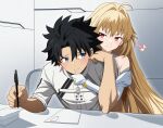  1boy 1girl absurdres ahoge archetype_earth arcueid_brunestud bare_shoulders black_hair blonde_hair blue_eyes blush detached_sleeves eighth_note fate/grand_order fate_(series) fujimaru_ritsuka_(male) hair_intakes hand_on_another&#039;s_chin highres holding holding_pen indoors jacket long_hair looking_at_another musical_note pen pink_eyes sakuraisine short_hair sitting sleeves_rolled_up upper_body very_long_hair white_jacket white_sleeves 