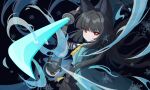 1girl absurdres aichinaigai animal_ears aqua_jacket black_hair black_skirt blunt_bangs bright_pupils closed_mouth commentary cowboy_shot fingerless_gloves fox_ears fox_girl gauntlets gloves highres holding holding_sword holding_weapon hoshimi_miyabi jacket katana long_hair looking_at_viewer orange_eyes single_fingerless_glove single_gauntlet skirt snowflakes sword tailless_(zenless_zone_zero) weapon white_pupils zenless_zone_zero 