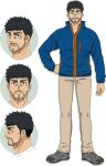  4boys anime_coloring beard_stubble black_hair closed_mouth facial_hair full_body futari_solo_camp grey_shoes hand_on_own_hip jacket kinokura_gen looking_at_viewer multiple_boys mustache_stubble official_art open_mouth pants profile shimazaki_tomomi shirt shoes short_hair sideburns simple_background smile standing stubble track_jacket transparent_background upper_body very_short_hair white_shirt 