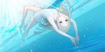  1girl air_bubble barefoot blonde_hair blue_reflection_(series) blue_reflection_sun blush breasts bubble collarbone expressionless floating_hair full_body game_cg green_eyes highres kishida_mel lane_line light_rays long_hair morisaki_alesia_yu non-web_source one-piece_swimsuit parted_bangs pool school_swimsuit small_breasts solo sunlight swimming swimsuit underwater unfinished water white_one-piece_swimsuit 