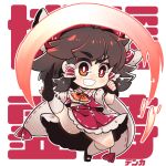  1girl bow brown_hair chibi detached_sleeves dnk eyebrows_visible_through_hair fingerless_gloves genocide_cutter gloves hair_bow hair_tubes hakurei_reimu highres kicking long_hair nontraditional_miko panties red_bow red_shirt red_skirt shirt skirt solo the_king_of_fighters touhou underwear white_panties yellow_eyes 