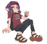 absurdres addendium choker highres ink_tank_(splatoon) juice_box leggings non-web_source octoling_girl octoling_player_character purple_hair red-framed_eyewear red_eyes red_shirt sandals shirt sitting smile splatoon_(series) sunglasses torn_clothes torn_leggings transparent_background 