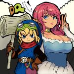  1boy 1girl aqua_eyes belt black_sleeves blonde_hair blue_dress blue_eyes blue_hat blue_tunic breasts bridal_gauntlets brown_gloves choker circlet cleavage commentary copyright_name dragon_quest dragon_quest_builders dress earrings english_commentary gem gloves goggles goggles_on_headwear gold_choker gold_circlet green_gemstone hammer hand_on_own_hip hat highres holding holding_hammer jewelry large_breasts long_hair looking_at_viewer looking_to_the_side lunchiblz male_builder_(dqb) medium_hair multicolored_dress neckerchief pointy_ears red_neckerchief rubiss_(dragon_quest) smirk sphere_earrings tunic v white_bridal_gauntlets white_dress 