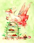  blush cake cake_slice closed_eyes dessert food green_background happy holding holding_cake holding_food latias no_humans non_(kumakawayusu) open_mouth painting_(medium) pokemon pokemon_(creature) solo tiered_tray traditional_media watercolor_(medium) 