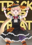  1girl absurdres anteater_tail arms_up blonde_hair brown_eyes commentary eyebrows_visible_through_hair fangs frills halloween_costume hat highres japari_symbol_print kemono_friends looking_at_viewer open_mouth short_hair short_sleeves silky_anteater_(kemono_friends) solo star_(symbol) star_print striped striped_legwear tail tanabe_(fueisei) thighhighs trick_or_treat witch_hat 