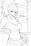  1girl abs absurdres alternate_costume armpits bandaged_hand bandages bare_shoulders character_name closed_mouth highres leona_heidern lineart monochrome muscular muscular_female navel no_bra ponytail shorts solo sports_bra the_king_of_fighters yones81239278 