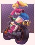  1girl artist_name ass blonde_hair blue_eyes boots bow breasts brown_gloves checkered_background commentary denim denim_shorts fingerless_gloves from_behind gloves hair_bow highres jacket knee_boots knee_pads long_sleeves looking_at_viewer luchidart mario_(series) mario_kart mario_kart_world medium_breasts motor_vehicle motorcycle official_alternate_costume official_alternate_hairstyle on_motorcycle open_clothes open_jacket parted_lips pink_boots pink_bow pink_jacket ponytail princess_peach princess_peach_(touring) shirt shirt_tucked_in shorts smile solo sphere_hair_ornament white_shirt 