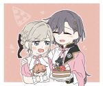  4girls :d alternate_costume animal_ears black_hair blue_dress blue_eyes blush border brown_background cake ceras_yanagida_lilienfeld ceras_yanagida_lilienfeld_(16th_birthday) chocolate_cake closed_eyes commentary dress flower_knot food fox_ears fox_girl hair_ornament hand_on_another&#039;s_shoulder hasu_no_sora_school_uniform heart hinoshita_kaho holding holding_mini_person holding_party_popper katsuragi_izumi kemonomimi_mode link!_like!_love_live! love_live! mini_person minigirl momose_ginko multiple_girls neck_ribbon official_alternate_costume open_mouth orange_hair outline party_popper pink_ribbon puffy_short_sleeves puffy_sleeves rabbit_hair_ornament ribbon school_uniform short_sleeves simple_background sleeveless sleeveless_dress smile summer_uniform symbol-only_commentary triangle_hair_ornament two_side_up virtual_youtuber white_border white_dress white_outline wolf_cut zueka27 