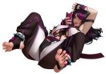  1girl absurdres arm_behind_head arm_up black_gloves black_hair black_pants blush breasts commentary commission crop_top english_commentary feet fingerless_gloves full_body gloves hair_down han_juri heterochromia highres kairunoburogu large_breasts long_hair looking_at_viewer lying multicolored_hair on_back pants piercing purple_hair simple_background soles solo stirrup_legwear street_fighter street_fighter_6 toeless_legwear toes tongue tongue_out tongue_piercing two-tone_hair vest white_background white_vest zipper zipper_pull_tab 