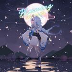  1girl album_cover black_bridal_gauntlets blue_archive blue_hair braid bridal_gauntlets cherry_blossoms chise_(blue_archive) cover detached_sleeves english_text falling_petals from_side full_moon geta highres horns japanese_clothes kimono kimono_skirt long_hair long_sleeves low_twin_braids moon night obi obijime open_mouth petals profile red_eyes sailor_collar sash shuca_ca skin-covered_horns smile solo twin_braids very_long_hair walking walking_on_liquid water white_kimono white_sailor_collar wide_sleeves 