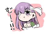  1girl :t asymmetrical_bangs bandage_over_one_eye bandaged_neck bandages bare_shoulders blush_stickers chibi chibi_only closed_mouth commentary_request cropped_torso facing_viewer fate/grand_order fate_(series) glaring hair_behind_ear kingprotea_(fate) long_hair looking_ahead mentaiko_mamire one_eye_covered pink_background pout purple_eyes purple_hair simple_background solo sound_effects tears translated two-tone_background v-shaped_eyebrows white_background 