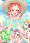  asymmetrical_bangs birthday blue_sky box collarbone cookie cosmetics dress field flower flower_field food gift gift_wrapping giving green_dress green_eyes hair_ornament hair_ribbon hair_tie hairpin hands_up happy_birthday hat heart_pin highres inukai_iroha inukai_komugi inukai_komugi_(dog) jewelry lettuce lipstick lipstick_tube makeup marriage_proposal medium_hair mikorin neck open_mouth orange_hair precure ribbon ring short_dress short_sleeves sky smile solo solo_focus straw_hat summer sunflower sunflower_field sunlight twintails upper_body wonderful_precure! wrapped_up 