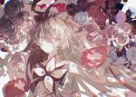  1girl absurdres arcaea black_bow black_bowtie black_eyes black_hair blonde_hair bow bowtie breasts flower hair_between_eyes heterochromia highres lacrymira_0 long_hair maya_(arcaea) medium_breasts multicolored_bow multicolored_hair red_eyes red_ribbon ribbon shirt sidelocks sleeve_cuffs solo two-tone_hair upper_body very_long_hair white_bow white_flower white_petals white_shirt white_sleeves 