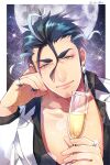  alcohol bara black_shirt blue_hair blush border champagne champagne_flute collared_shirt cup dark_blue_hair drinking_glass earrings facial_hair formal goatee hair_between_eyes hair_strand jewelry jin_akhr large_pectorals long_sideburns male_focus moon multicolored_hair muscular muscular_male outside_border partially_unbuttoned pectoral_cleavage pectorals ring shirt short_hair sideburns sky smile star_(sky) starry_sky stubble suit tokyo_afterschool_summoners tsukuyomi_(housamo) two-tone_hair white_border white_suit 