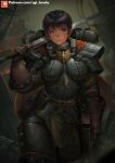  1girl adeptus_astartes armor berserk black_hair bolter breastplate breasts cape casca_(berserk) chaos_space_marine crossover dark-skinned_female dark_skin gloves greatsword helmet holding holding_weapon large_breasts looking_at_viewer pauldrons power_armor servo-skull sgt_lonely short_hair shoulder_armor solo sword warhammer_40k weapon winged_skull 