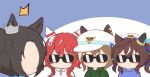  4girls ^^^ animal_ears black_hair blue_background blue_shirt brown_hair cheval_grand_(umamusume) chibi chibi_only collared_shirt commentary_request crown ear_covers ears_through_headwear gomashio_(goma_feet) green_hoodie hair_ribbon hat hood hood_down hoodie horse_ears horse_girl multicolored_hair multiple_girls red_hair ribbon shirt short_hair sunglasses twintails two-tone_background two-tone_hair umamusume vivlos_(umamusume) white_background white_hair white_hat white_shirt win_variation_(umamusume) 