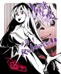  1girl breasts chapter_number close_(digimon) cowboy_shot digimon digimon_card_game digimon_liberator fukunari_kanchi highres large_breasts parted_lips red_eyes release_celebration signature solo_focus zoom_layer 