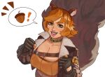  1girl absurdres acorn animal_ears black_gloves brown_hair brown_jacket brown_tail gloves green_eyes highres jacket jumboiiii looking_at_another looking_at_viewer marvel marvel_rivals open_clothes open_jacket orange_shirt shirt short_hair simple_background solo speech_bubble squirrel_ears squirrel_girl squirrel_girl_(marvel) squirrel_tail tail white_background 