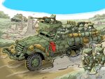  6+boys browning_m2 caterpillar_tracks combat_helmet gun half-track heavy_machine_gun helmet highres load_bearing_vest m1_garand m1_helmet m3_half-track m4_sherman machine_gun military_truck military_uniform military_vehicle motor_vehicle multiple_boys original rifle tank tow_hook truck weapon wheel yabarn 