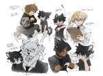  1girl 4boys absurdres animal_ears animal_feet applying_manicure black_hair black_shirt cookie deviidog0 dog_boy dog_ears dog_tail eating english_commentary english_text food furry furry_male highres monster_boy multiple_boys multiple_views nail_polish original painting_fingernails shirt short_hair simple_background tail white_background 