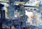  bridge building cityscape commentary_request day highres kyuui no_humans original outdoors painting_(medium) scenery sign sky sunlight traditional_media translation_request watercolor_(medium) 