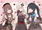  3girls aoi_noa bare_shoulders black_gloves black_hair black_ribbon blue_eyes blush box box_of_chocolates breasts brown_hair brown_hat candy chocolate collar collarbone detached_sleeves dress food frilled_collar frilled_sleeves frills gift gloves green_eyes grey_eyes hair_ribbon happy_valentine hat hat_ribbon heart heart-shaped_chocolate heart-shaped_food heterochromia holding holding_chocolate holding_food holding_gift large_breasts long_hair medium_hair mikoshiro_yukari multiple_girls murafuji_sana official_art one_eye_closed open_mouth pole_princess!! puffy_short_sleeves puffy_sleeves red_ribbon ribbon short_sleeves side_ponytail simple_background skirt smile valentine white_hair yellow_eyes 