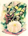  animal_focus chopsticks chopsticks_in_mouth food full_body mouth_hold napkin neck_ribbon no_humans non_(kumakawayusu) painting_(medium) pokemon pokemon_(creature) red_eyes ribbon solo traditional_media umbreon wagashi watercolor_(medium) 