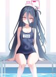  1girl absurdres arm_support bare_arms bare_legs black_hair blue_archive blue_one-piece_swimsuit breasts bright_pupils collarbone commentary covered_navel glaring hair_between_eyes highres kei_(blue_archive) long_hair long_hair_between_eyes looking_at_viewer name_tag one-piece_swimsuit one_side_up poolside red_eyes school_swimsuit shaded_face sitting small_breasts soaking_feet sob_(submar1089) solo swimsuit v-shaped_eyebrows very_long_hair white_pupils 