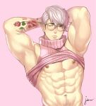  1boy abs armpits artist_name bara bare_pectorals biceps clothes_lift collared_shirt freckles glasses highres jouvru large_pectorals looking_at_viewer male_focus muscular muscular_male navel navel_hair nipples one_eye_closed orange_eyes original pectoral_cleavage pectorals shirt shirt_lift solo tattoo thick_arms veins white_hair 