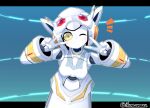  1girl arms_up artist_name blue_background blush breasts colored_sclera colored_skin commentary_request commission double_v gem head_tilt headgear humanoid_robot ikanomaru joints leaning_forward letterboxed light_blush looking_at_viewer medium_breasts navi_(ultra_kaijuu) no_mouth notice_lines one_eye_closed orange_eyes outline outside_border red_gemstone robot robot_girl robot_joints signature skeb_commission solo twitter_username ultra_kaijuu_battle_breeders ultra_series upper_body v white_outline white_skin yellow_sclera 