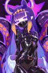  1girl absurdres alternate_costume belt blue_eyes blunt_bangs bodysuit breasts chest_harness cosplay diamond_hairband finn_flint gimp_suit gradient_hair halo harness highres hololive hololive_english latex latex_bodysuit long_hair looking_at_viewer low_wings mask mouth_mask multicolored_hair ninomae_ina&#039;nis ninomae_ina&#039;nis_(cosplay) orange_hair pointy_ears purple_hair shiny_clothes sidelocks small_breasts solo tentacle_hair tentacles very_long_hair virtual_youtuber wings 