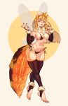  arthropod_girl bee_girl bikini black_bikini black_gloves black_thighhighs blonde_hair breasts crown dragoumare elbow_gloves feet fingerless_gloves gloves headgear highres insect_wings monster_girl navel neck_tuft original pinup_(style) simple_background skindentation solo stirrup_legwear swimsuit thighhighs toeless_legwear toes wide_hips wings 