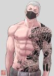 1boy abs artist_name bara belt biceps large_pectorals looking_at_viewer male_focus manly mask mouth_mask muscular muscular_male navel nipples original owariya_ranko pants pectoral_cleavage pectorals solo tattoo topless topless_male white_hair yellow_eyes 