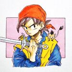  1boy animal_on_shoulder bandana black_eyes blue_shirt border brown_hair collarbone dragon_quest dragon_quest_viii hatching_(texture) hero_(dq8) holding holding_sword holding_weapon looking_to_the_side male_focus mouse_(animal) munchie_(dq8) orange_bandana pink_background scabbard sheath shirt sleeves_rolled_up spiked_hair sword tcgf_04 toriyama_akira_(style) upper_body vest weapon white_border yellow_vest 