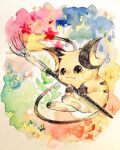  black_eyes closed_mouth full_body holding holding_paintbrush looking_at_viewer no_humans non_(kumakawayusu) paintbrush painting_(medium) pokemon pokemon_(creature) raichu smile solo traditional_media watercolor_(medium) 