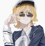  1girl adjusting_eyewear artist_name black_jacket blonde_hair bow bowtie collared_shirt commentary daiba_nana english_commentary fingernails green_eyes grey_background grin hair_between_eyes hand_up hat highres jacket ling_(chaaaaanhikari) long_sleeves looking_at_viewer looking_over_eyewear official_alternate_costume open_clothes open_jacket parted_lips peaked_cap sailor_hat shirt short_hair short_twintails shoujo_kageki_revue_starlight simple_background smile solo sunglasses twintails upper_body white_bow white_bowtie white_hat white_shirt yellow-framed_eyewear 