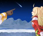  1girl ahoge alternate_costume blonde_hair commission commissioner_upload fire_emblem fire_emblem_awakening fire_emblem_heroes igni_tion kiran_(fire_emblem) night night_sky nowi_(fire_emblem) pointy_ears ponytail pov sky snow solo_focus stargazing winter winter_clothes 