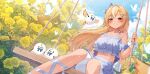  1girl blonde_hair blue_shirt blue_skirt blue_sky bow braid braided_bangs breasts bug butterfly cloud commentary_request day elf elfriend_(shiranui_flare) frilled_shirt frills grin hair_bow highres hololive large_breasts layered_skirt long_hair looking_at_viewer midriff multicolored_hair navel off-shoulder_shirt off_shoulder on_swing outdoors pointy_ears red_eyes sample_watermark shiranui_flare shirt short_sleeves sitting skirt sky smile solo spaghetti_strap streaked_hair swing tyabesu virtual_youtuber watermark white_hair wrist_cuffs 