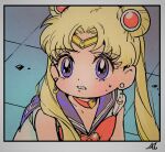  1girl blue_sailor_collar choker crescent crescent_earrings earrings hair_bun hair_over_shoulder heart heart_choker jewelry magical_girl meme morinaga_ayami parted_bangs red_choker sailor_collar sailor_moon_redraw_challenge_(meme) sailor_senshi_uniform tile_floor tiles twintails upper_body 