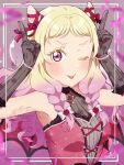  1girl absurdres armpits birthday blonde_hair blush braid breasts commentary confetti gloves gradient_hair highres kyaku_tasu long_hair love_live! love_live!_superstar!! medium_breasts multicolored_hair one_eye_closed onitsuka_natsumi pink_eyes pink_hair signature solo tongue tongue_out twin_braids twintails twitter_username upper_body 