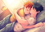  2boys ainudraws black_hair blanket closed_eyes haikyuu!! hinata_shouyou hug kageyama_tobio looking_at_viewer male_focus multiple_boys orange_hair pillow shirt short_hair signature sleeping smile t-shirt twitter_username volleyball yaoi 