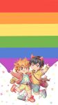  2boys ainudraws animal_ears bangs black_hair blonde_hair blue_eyes blush cat_ears chibi haikyuu!! headband highres hinata_shouyou hood hoodie jacket kageyama_tobio lgbt_pride looking_at_viewer male_focus multiple_boys orange_eyes orange_hair pants shoes short_hair simple_background smile socks solo tongue 