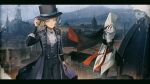  1boy 1girl anna_(drw01) ascot assassin&#039;s_creed_(series) assassin&#039;s_creed_ii black_cape black_coat black_pants black_vest blue_bow blue_hat boater_hat bow cape city coat collared_shirt cowboy_shot crossover dome ezio_auditore_da_firenze feet_out_of_frame florence_(city) florence_cathedral grey_eyes grey_hair hair_bun hand_on_headwear hat hat_bow highres hood hood_up letterboxed looking_at_viewer mountain pants reverse:1999 shirt short_hair single_side_bun standing suitcase vertin_(reverse:1999) vest waistcoat white_ascot white_coat white_shirt 