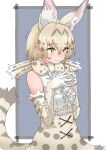  1girl absurdres animal_ear_fluff animal_ears bangs bare_shoulders belt blonde_hair bow bowtie center_frills commentary elbow_gloves extra_ears eyebrows_visible_through_hair fingers_together frills gloves hair_between_eyes highres kemono_friends looking_away print_bow print_bowtie print_gloves print_skirt serval_print shirt short_hair simple_background skirt sleeveless sleeveless_shirt smile solo tail tanabe_(fueisei) white_serval_(kemono_friends) white_shirt yellow_eyes 