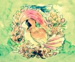  animal_focus bird black_eyes blue_ribbon closed_mouth full_body no_humans non_(kumakawayusu) painting_(medium) pidgeotto pinecone pokemon pokemon_(creature) ribbon simple_background solo traditional_media watercolor_(medium) 