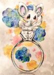  animal_focus black_eyes blue_flower blush diamond_(gemstone) diamond_ring embarrassed flower full_body jewelry looking_at_viewer minccino no_humans non_(kumakawayusu) ornate_ring painting_(medium) pokemon pokemon_(creature) ring solo traditional_media watercolor_(medium) wavy_mouth 