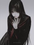  1girl aoi_ogata artist_name black_choker black_hair black_nails black_sailor_collar black_serafuku black_shirt black_skirt choker clip_studio_paint_(medium) closed_mouth commentary english_commentary grey_background hand_up highres long_hair looking_at_viewer nail_polish neckerchief original pleated_skirt red_neckerchief sailor_collar school_uniform serafuku shirt skirt solo very_long_hair 