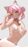  1girl animal_ear_fluff animal_ears bare_arms bell bikini blush bottomless breasts cat_ears cat_girl cat_tail closed_mouth collar commentary double_bun english_commentary grey_background hand_up looking_at_viewer medium_breasts micro_bikini navel neck_bell original pink_collar pink_hair simple_background skeptycally smile solo swimsuit tail twitter_username white_bikini yellow_eyes 