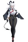  1girl absurdres ahoge arm_pouch armband black_armband black_choker black_gloves black_horns black_jacket black_pants black_shoes black_tail breasts button_gap chest_harness choker closed_mouth collared_shirt commentary_request curled_horns demon_tail earrings full_body gloves hair_between_eyes hand_on_own_hip harness high-waist_pants highres horns jacket jacket_on_shoulders jewelry key_earrings korean_commentary large_breasts long_hair mole mole_under_eye multicolored_hair necktie pants partial_commentary red_eyes red_necktie shirt shirt_tucked_in shoes simple_background small_chair_(xiaosaiyi33818) solo streaked_hair tail tight_clothes tight_pants white_background white_hair white_shirt wuthering_waves zani_(wuthering_waves) 